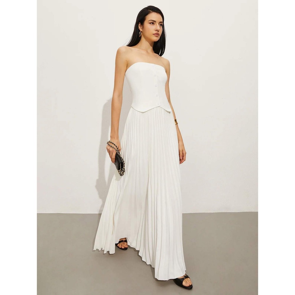 Commense White Strapless Pleated Maxi Wide‎ Dress Formal Party Cocktail Event S